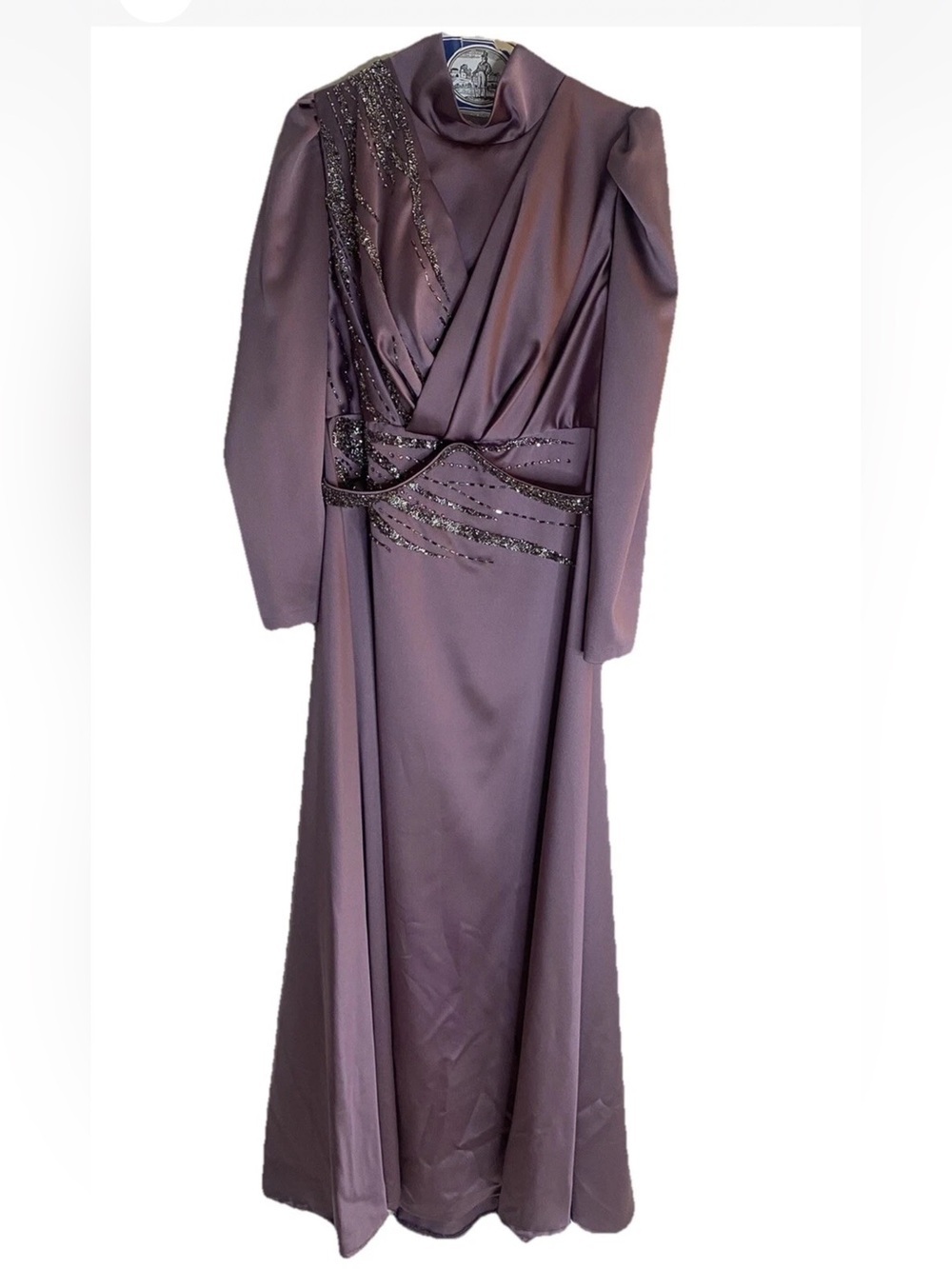 Mauve Purple Satin Modest Evening Dress - Beaded Maxi Gown - Hijab Friendly Prom